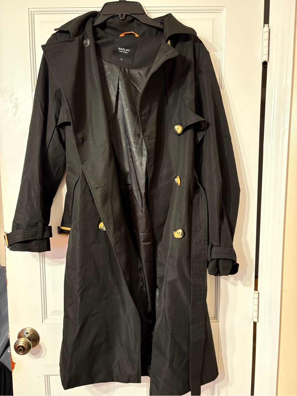 Orolay women’s Black Double-Breasted Trench with Gold-Tone Buttons